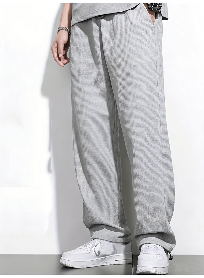 Mens Light Grey Baggy Pants Waffle Knit Wide Leg Parachute Trousers Adjustable Hem Casual Sweatpants Oversized Loose Pants for Men - Image 1